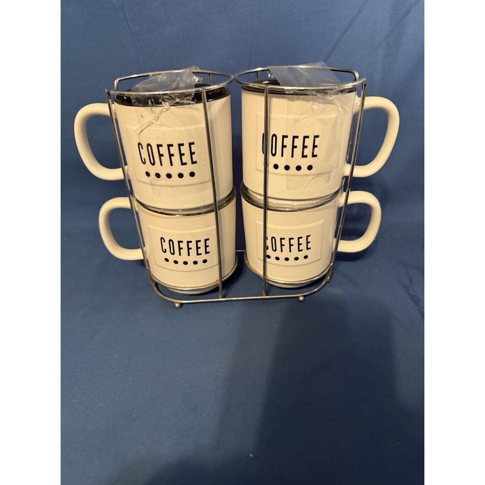 Sheffield Home set of 4 stackable stoneware coffee mugs with a metal rack.